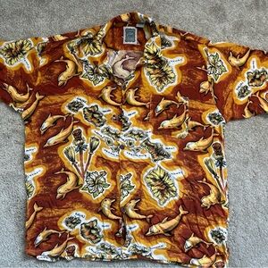 Ocean Current Hawaiian Shirt Sz L Orange Yellow Dolphins  Islands